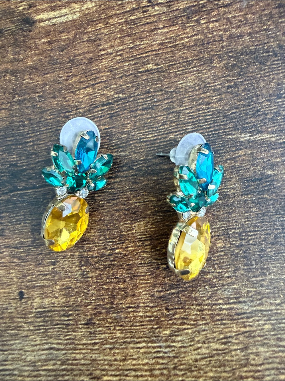 Crystal Pineapple Drop Earrings in Yellow and Teal